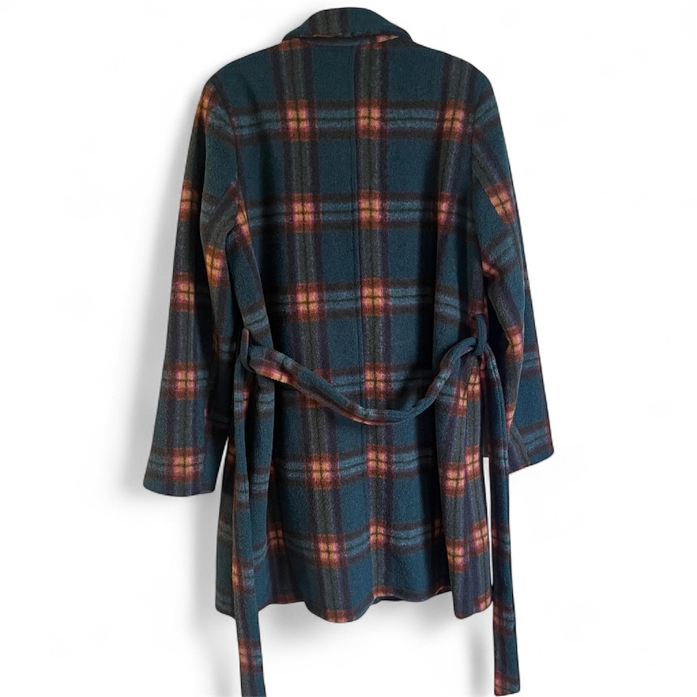 Maurices Plaid Belted Faux Wool Wrap Long Coat Sz XL Teal Tan Brown Pink - Picture 5 of 9